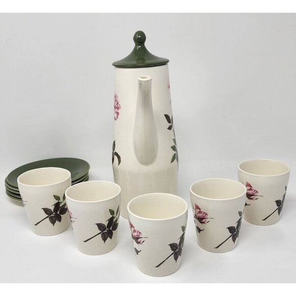 Mid Century Porcelain Coffee Pot & Cups Saucers Green Ivory Roses Palissy UK - Picture 6 of 12
